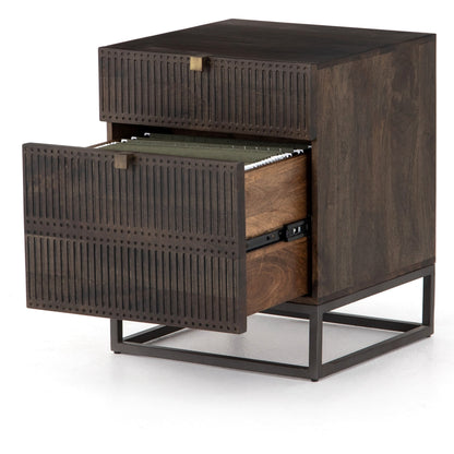 Kelby Filing Cabinet by Four Hands in gunmetal, carved vintage brown, vintage brown and vintage brown. Made from iron, solid mango in a modern style.