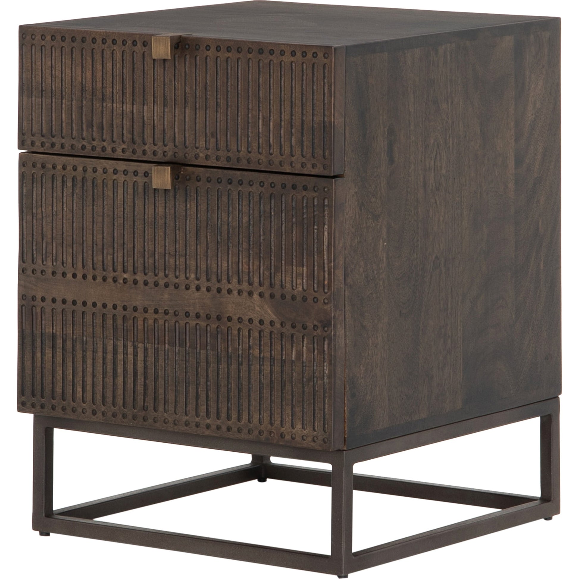 Kelby Filing Cabinet by Four Hands in gunmetal, carved vintage brown, vintage brown and vintage brown. Made from iron, solid mango in a modern style.
