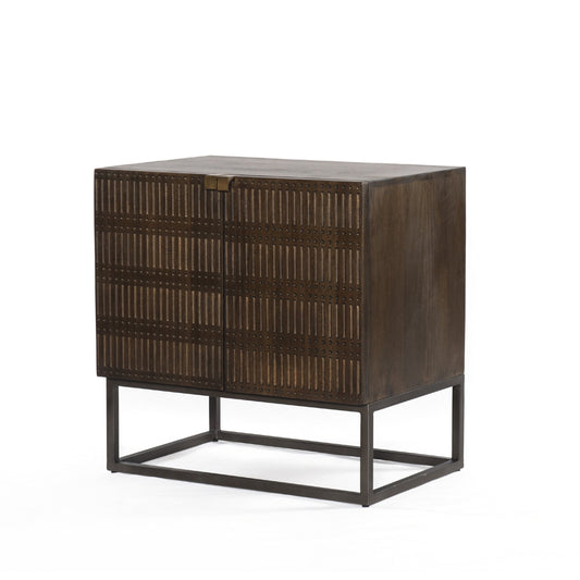 Kelby Cabinet Nightstand by Four Hands in gunmetal, aged brass, light wash carved mango, light wash mango and light wash. Made from solid mango, iron in a rustic style.