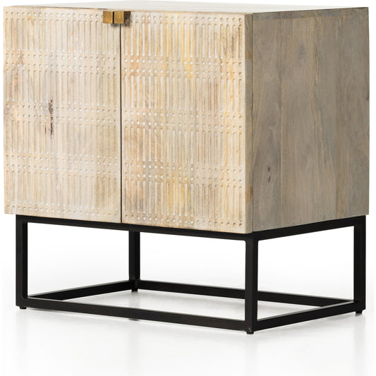 Kelby Cabinet Nightstand by Four Hands in gunmetal, aged brass, light wash carved mango, light wash mango and light wash. Made from solid mango, iron in a rustic style.