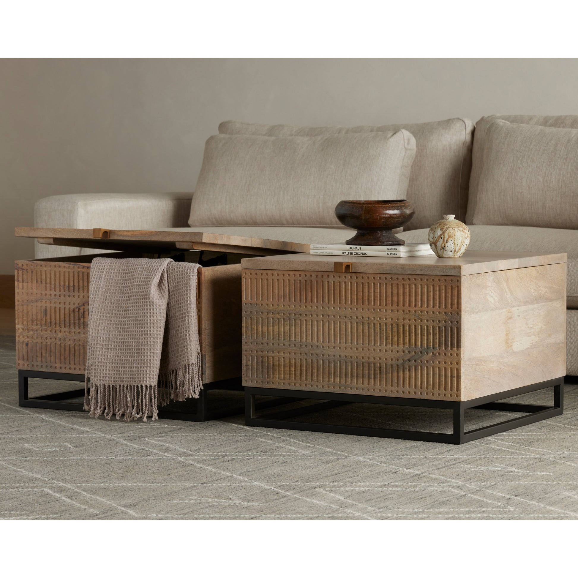 Kelby Storage Bunching Table by Four Hands. Made from iron, solid mango in a modern style.