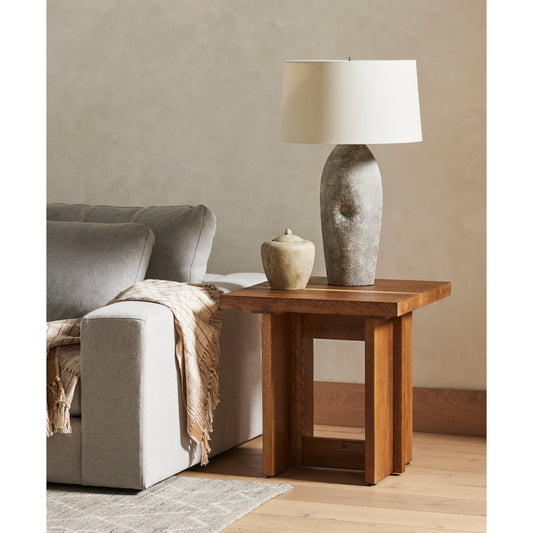 Erie End Table by Four Hands in dark smoked oak. Made from solid oak in a rustic style.