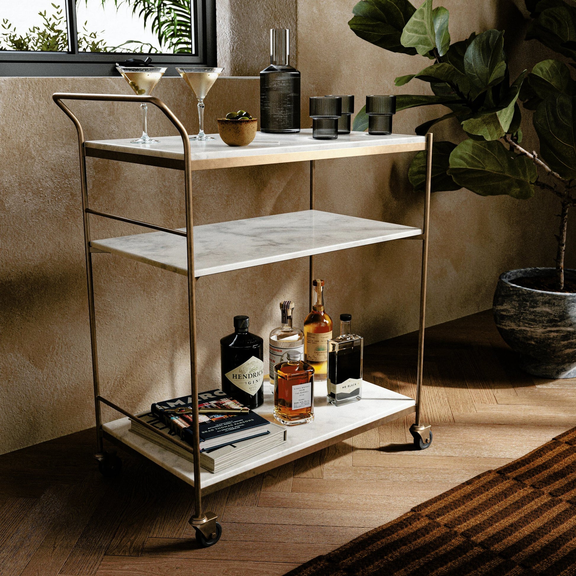 Felix Bar Cart by Four Hands. Made from iron, solid marble in a transitional style.