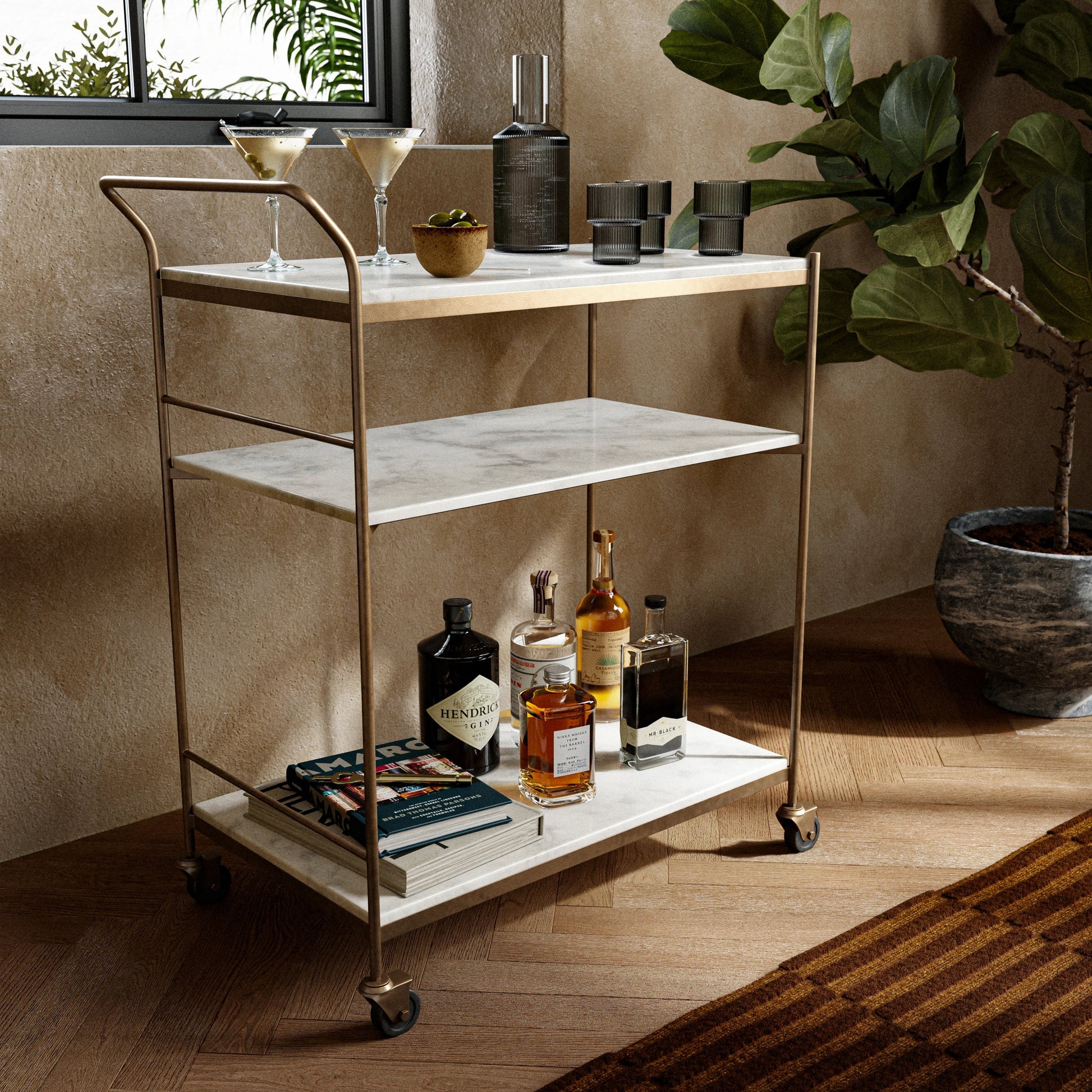 Felix Bar Cart by Four Hands. Made from iron, solid marble in a transitional style.
