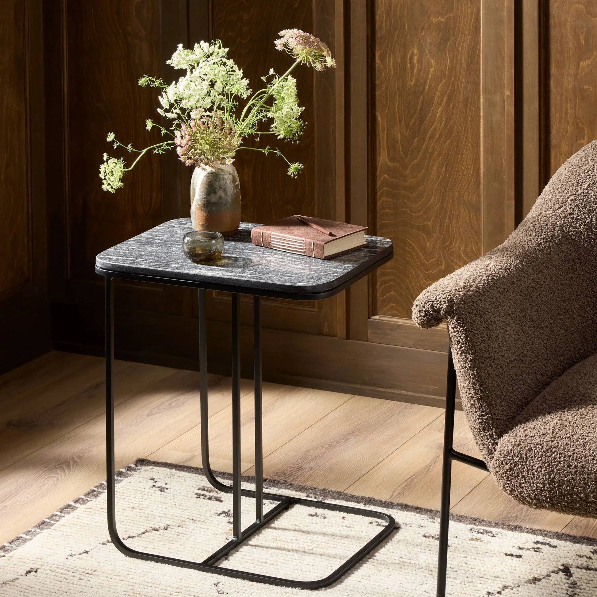 Adalley C Table by Four Hands in iron matte brass, polished white marble. Made from solid marble, iron in a modern style.