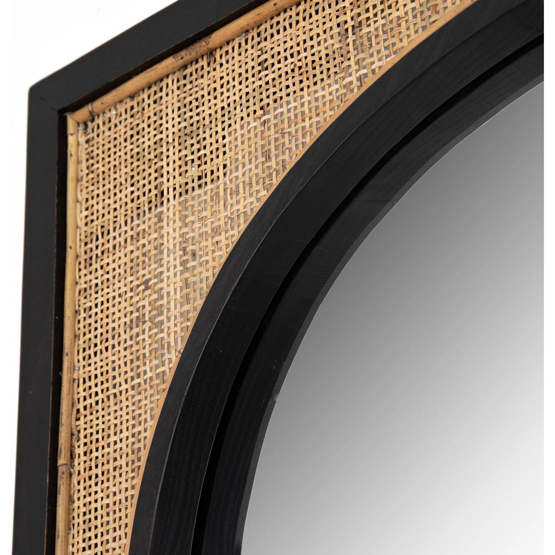Candon Floor Mirror by Four Hands in ebony black, warm wheat rattan. Made from solid sungkai, rattan in a coastal style.