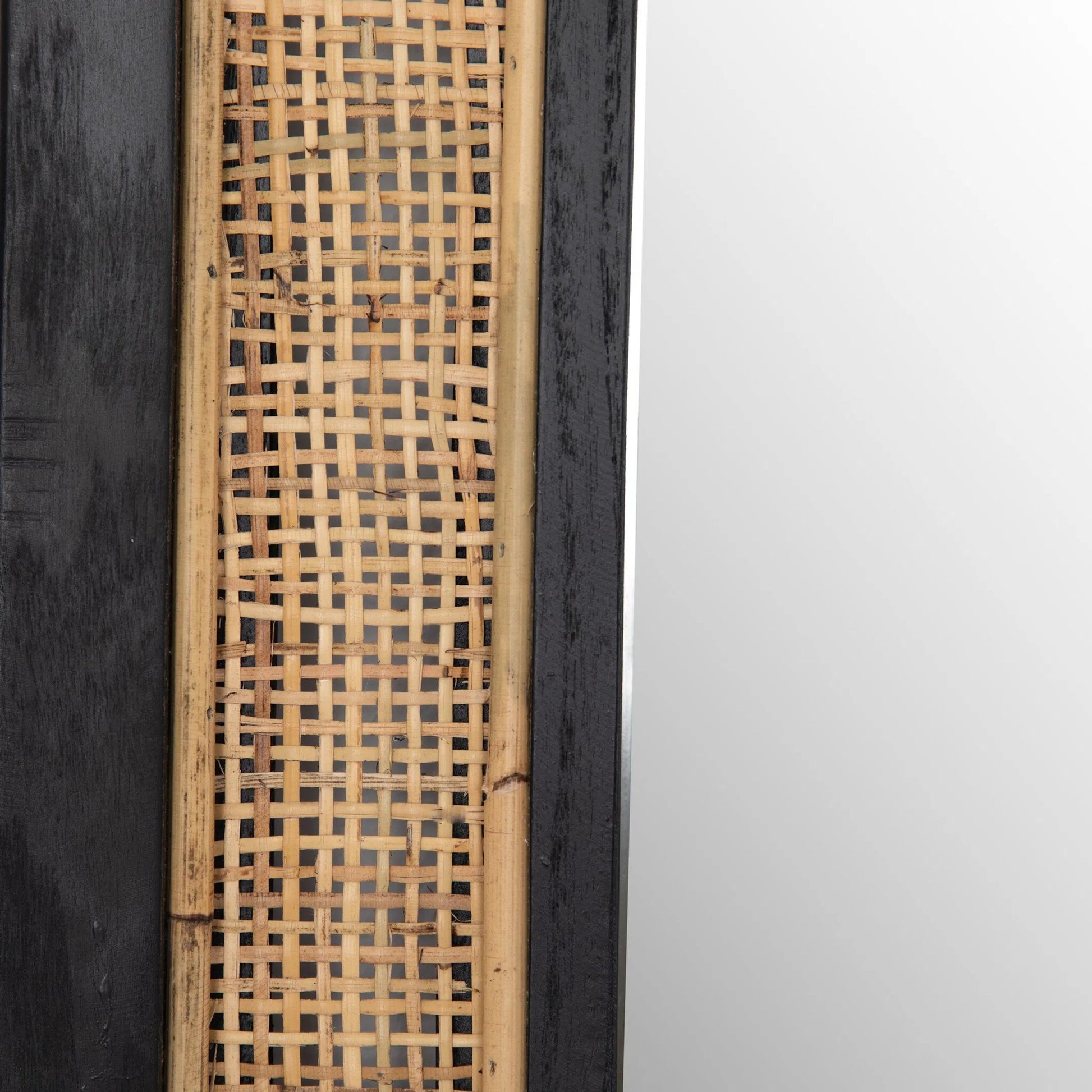 Candon Floor Mirror by Four Hands in ebony black, warm wheat rattan. Made from solid sungkai, rattan in a coastal style.