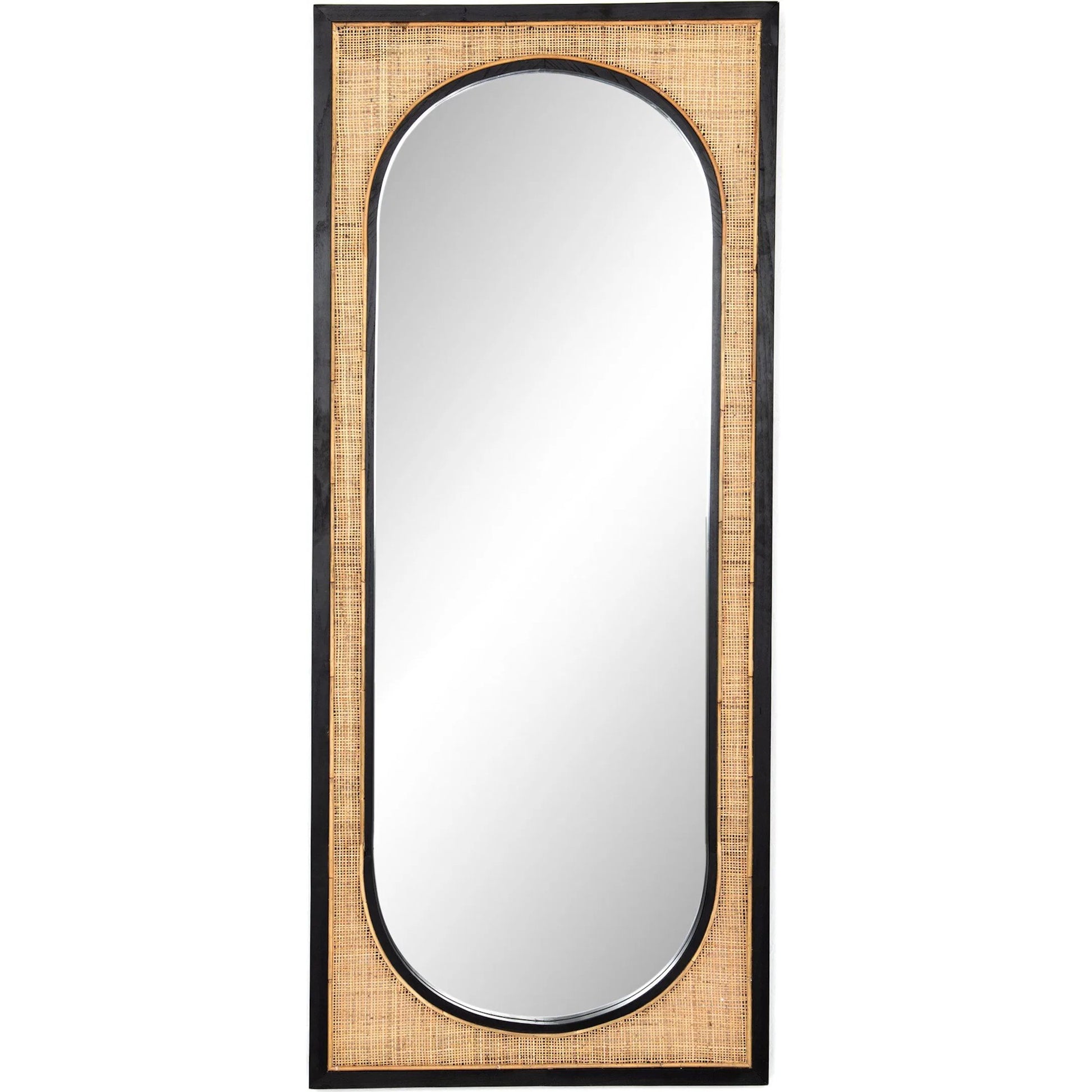 Candon Floor Mirror by Four Hands in ebony black, warm wheat rattan. Made from solid sungkai, rattan in a coastal style.