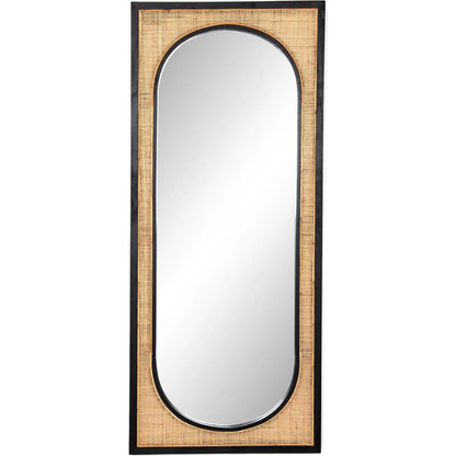 Candon Floor Mirror by Four Hands in ebony black, warm wheat rattan. Made from solid sungkai, rattan in a coastal style.