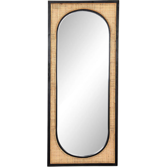 Candon Floor Mirror by Four Hands in ebony black, warm wheat rattan. Made from solid sungkai, rattan in a coastal style.