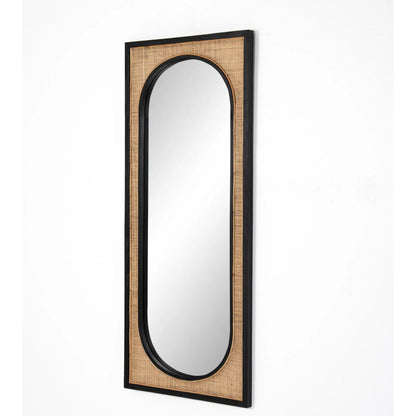 Candon Floor Mirror by Four Hands in ebony black, warm wheat rattan. Made from solid sungkai, rattan in a coastal style.