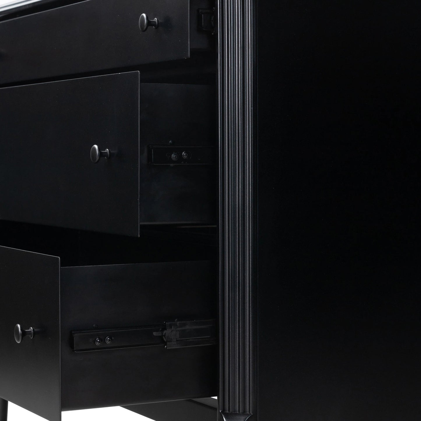 010 SI-2137444 | Closeup | Lendon 3 Drawer Dresser by Four Hands in black. Made from iron in a modern style.
