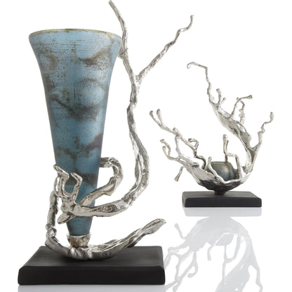 Aqueous Candleholder by Cyan Design in nickel, blue mist glass. Made from aluminum, glass in a coastal style.
