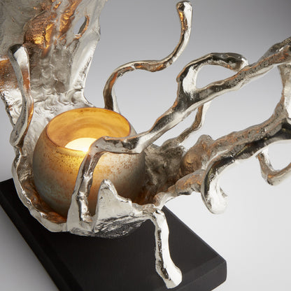 Aqueous Candleholder by Cyan Design in nickel, blue mist glass. Made from aluminum, glass in a coastal style.