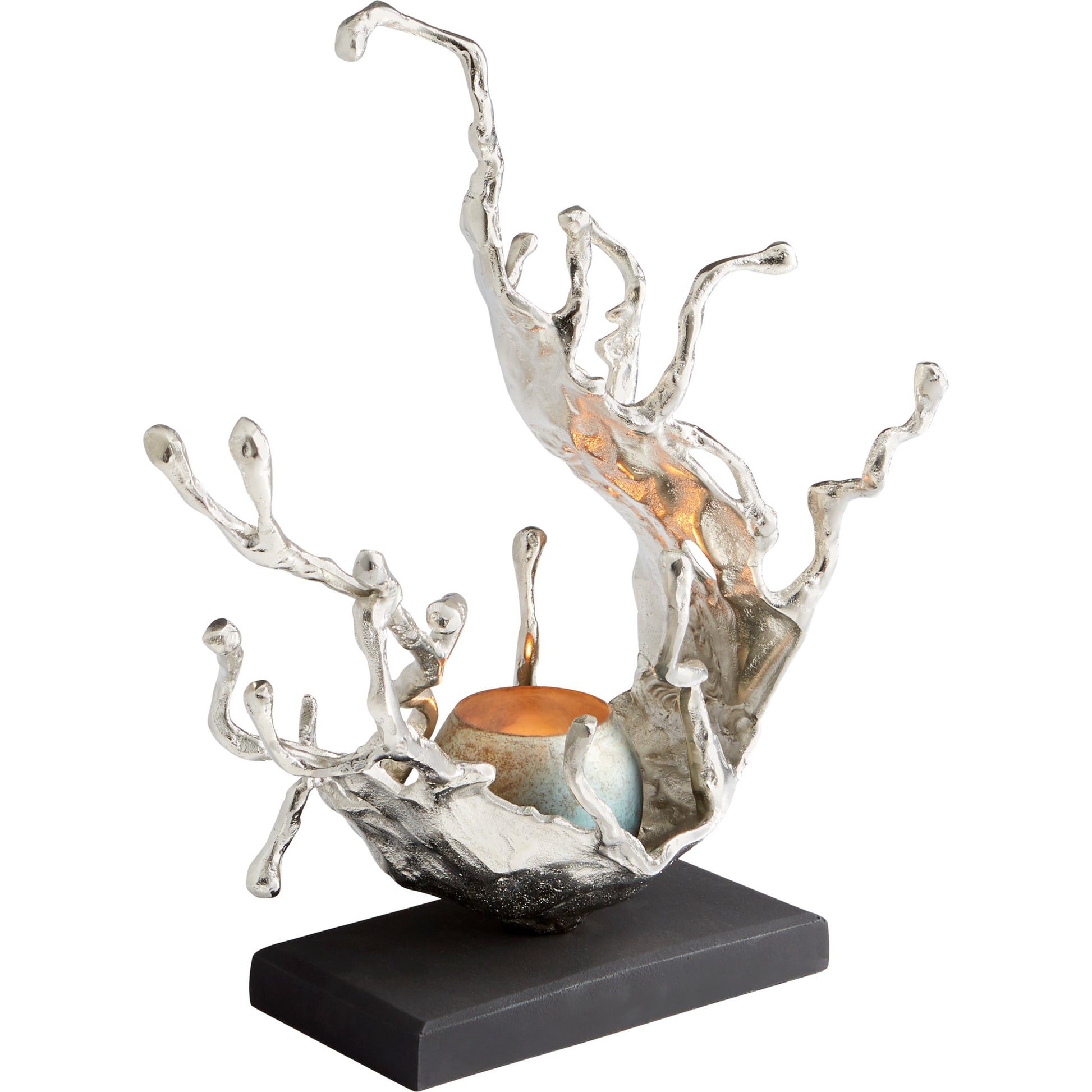 Aqueous Candleholder by Cyan Design in nickel, blue mist glass. Made from aluminum, glass in a coastal style.