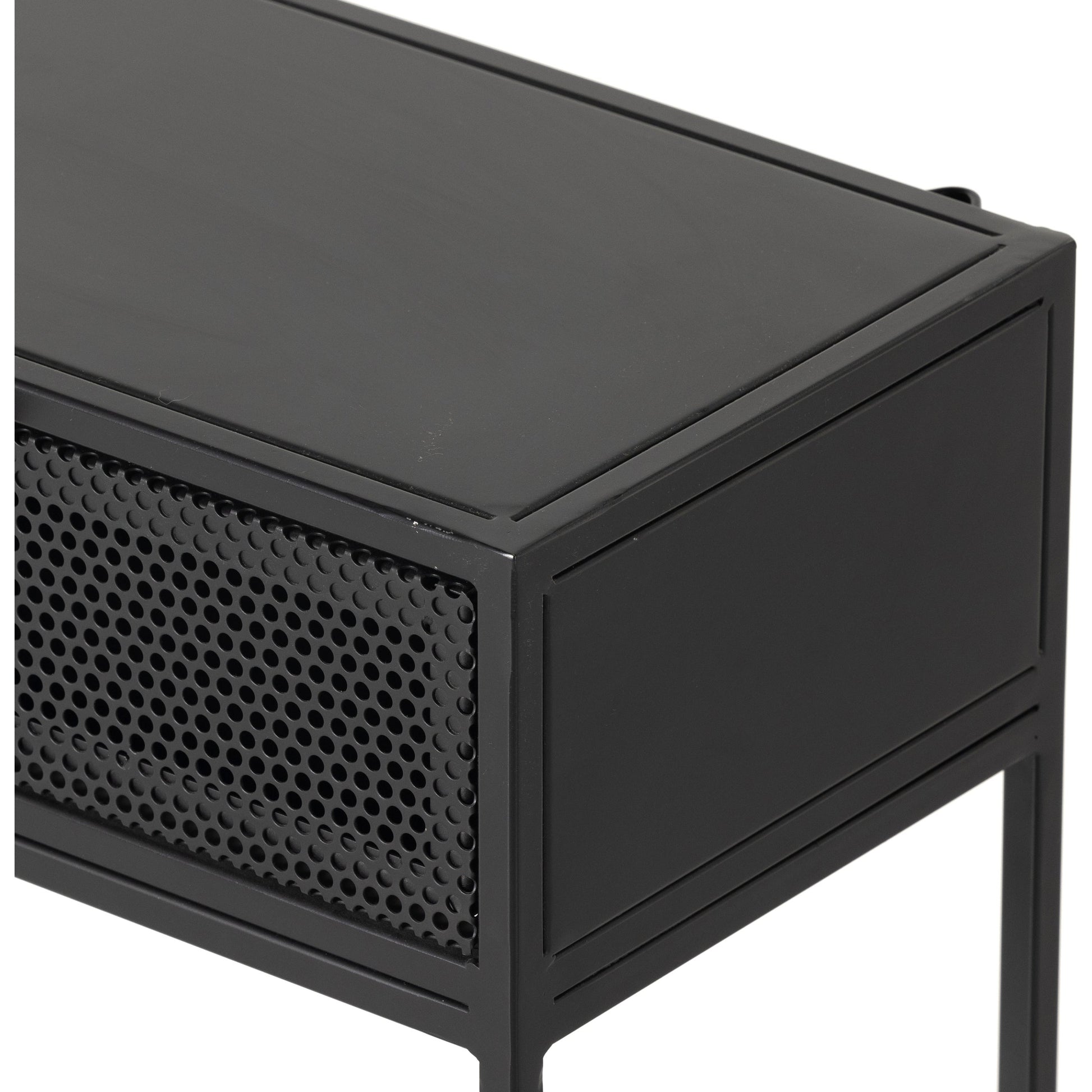 Hendrick Console Table by Four Hands in black, perforated black and black. Made from iron in a modern style.