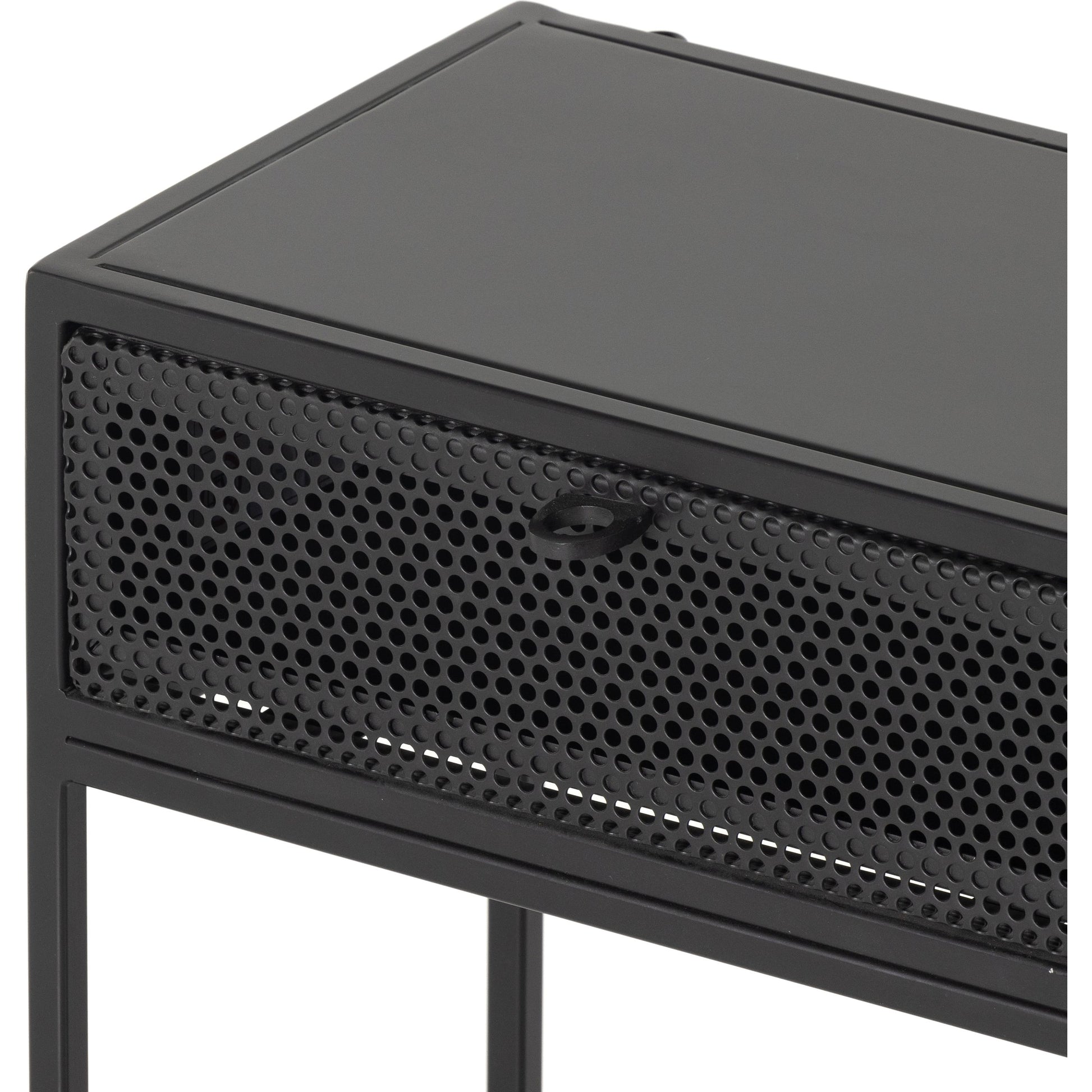 Hendrick Console Table by Four Hands in black, perforated black and black. Made from iron in a modern style.