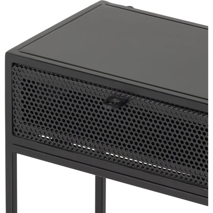 Hendrick Console Table by Four Hands in black, perforated black and black. Made from iron in a modern style.