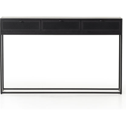 Hendrick Console Table by Four Hands in black, perforated black and black. Made from iron in a modern style.