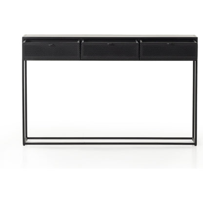 Hendrick Console Table by Four Hands in black, perforated black and black. Made from iron in a modern style.