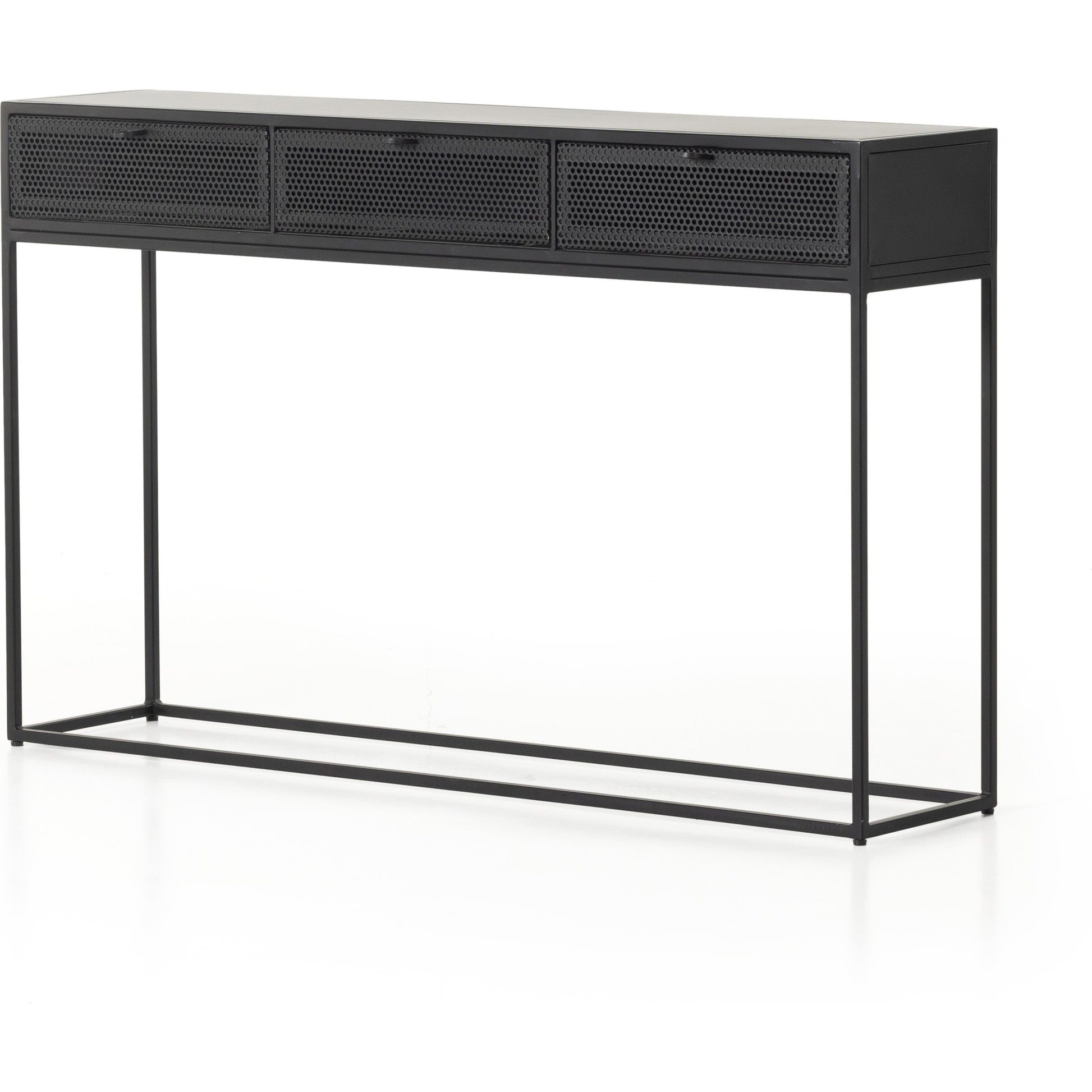 Hendrick Console Table by Four Hands in black, perforated black and black. Made from iron in a modern style.