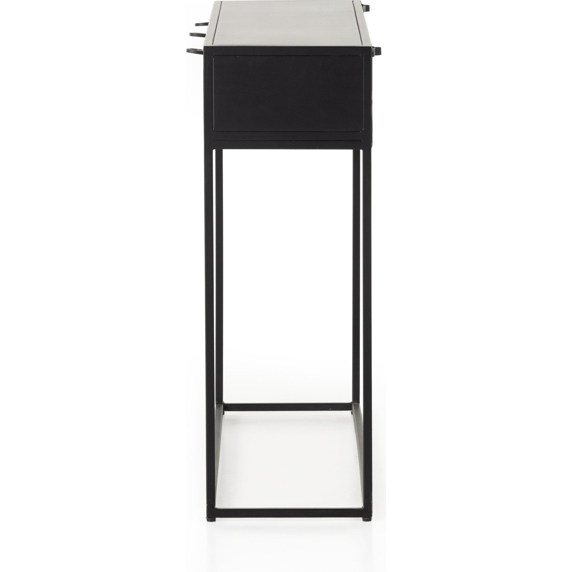 Hendrick Console Table by Four Hands in black, perforated black and black. Made from iron in a modern style.