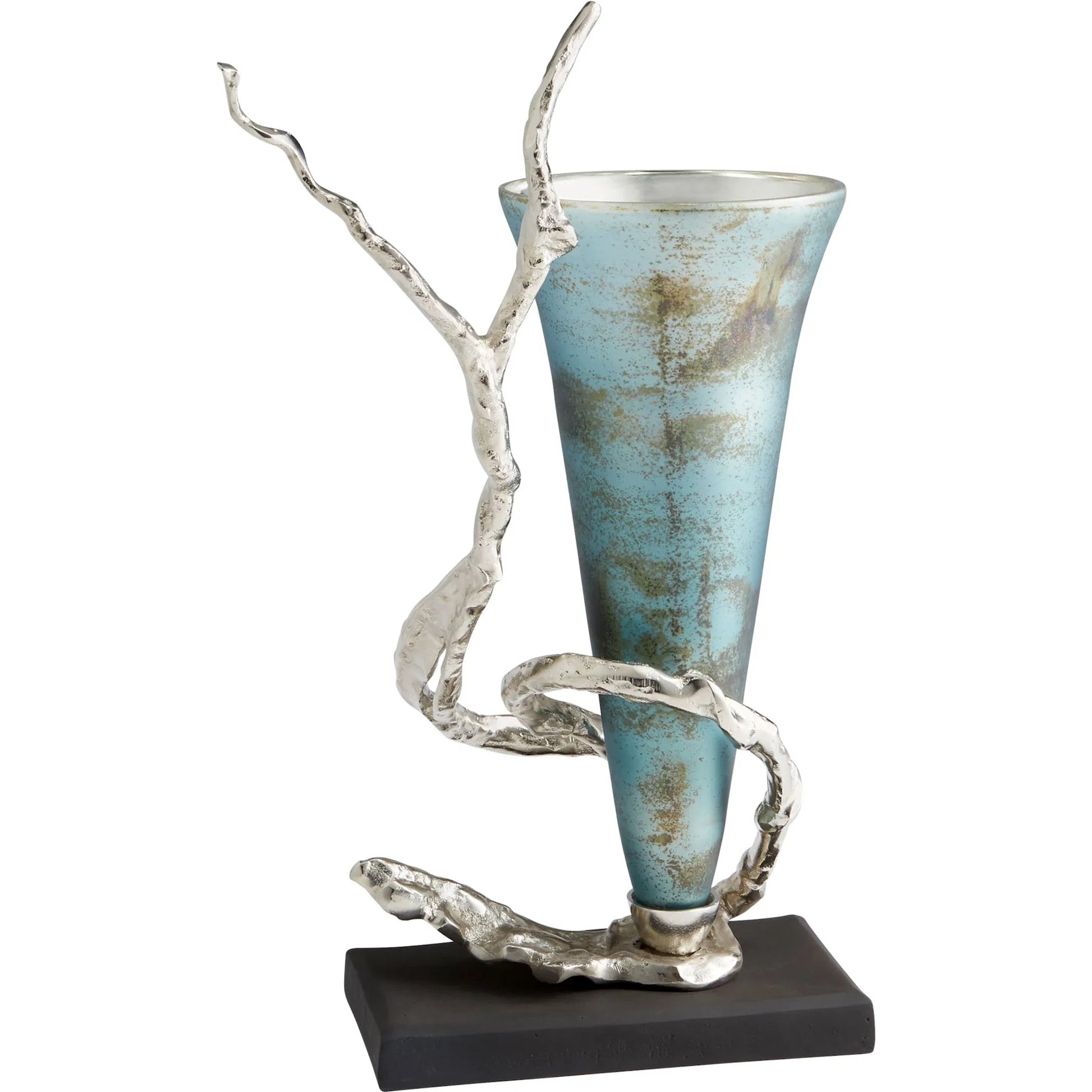 Gianni Vase by Cyan Design in nickel, blue mist glass. Made from aluminum, glass in a modern style.