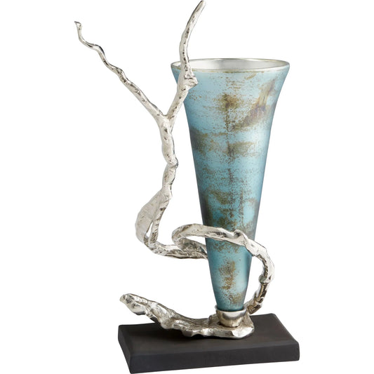 Gianni Vase by Cyan Design in nickel, blue mist glass. Made from aluminum, glass in a modern style.