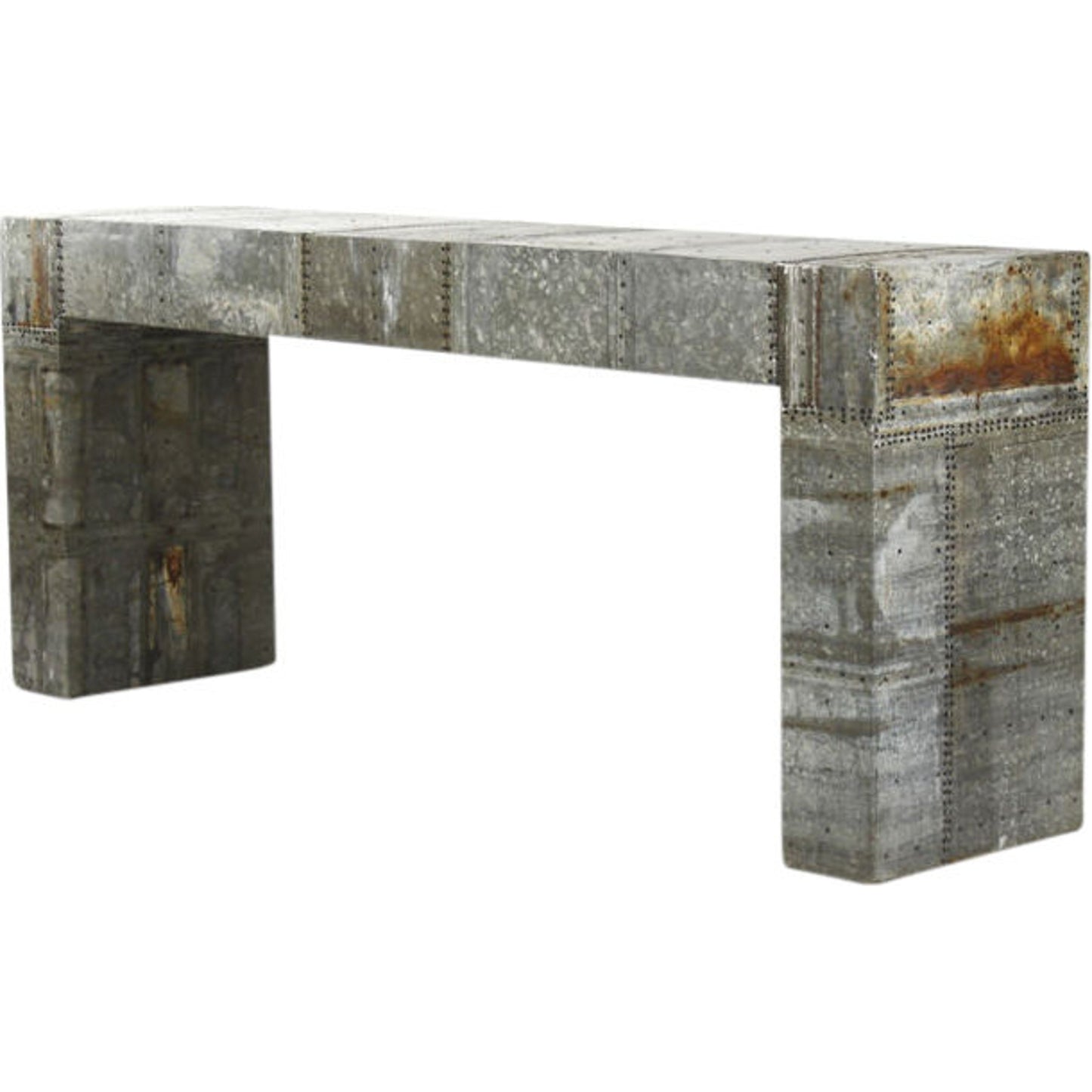 001 S-337471 | Primary Silo | Kari Console by Zentique in rustic galvanized tin and recycled metal. Made from recycled metal in a modern style.