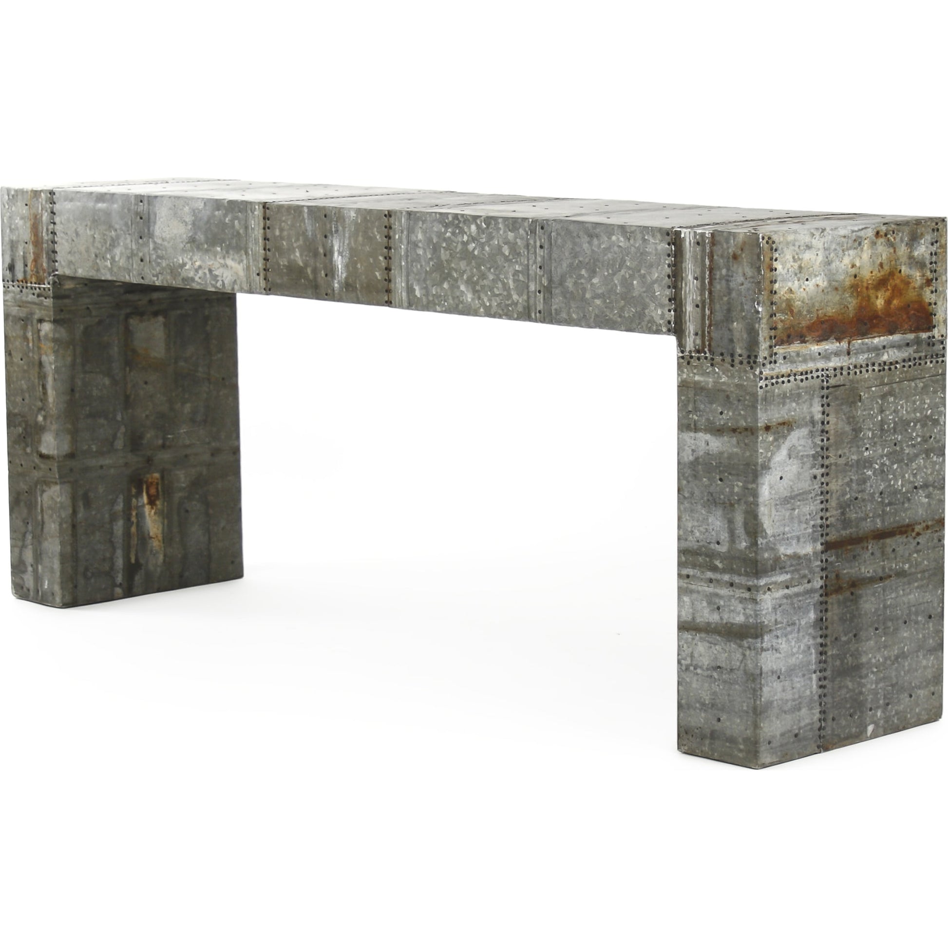 Kari Console by Zentique in rustic galvanized tin and recycled metal. Made from recycled metal in a modern style.
