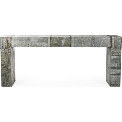 Kari Console by Zentique in rustic galvanized tin and recycled metal. Made from recycled metal in a modern style.