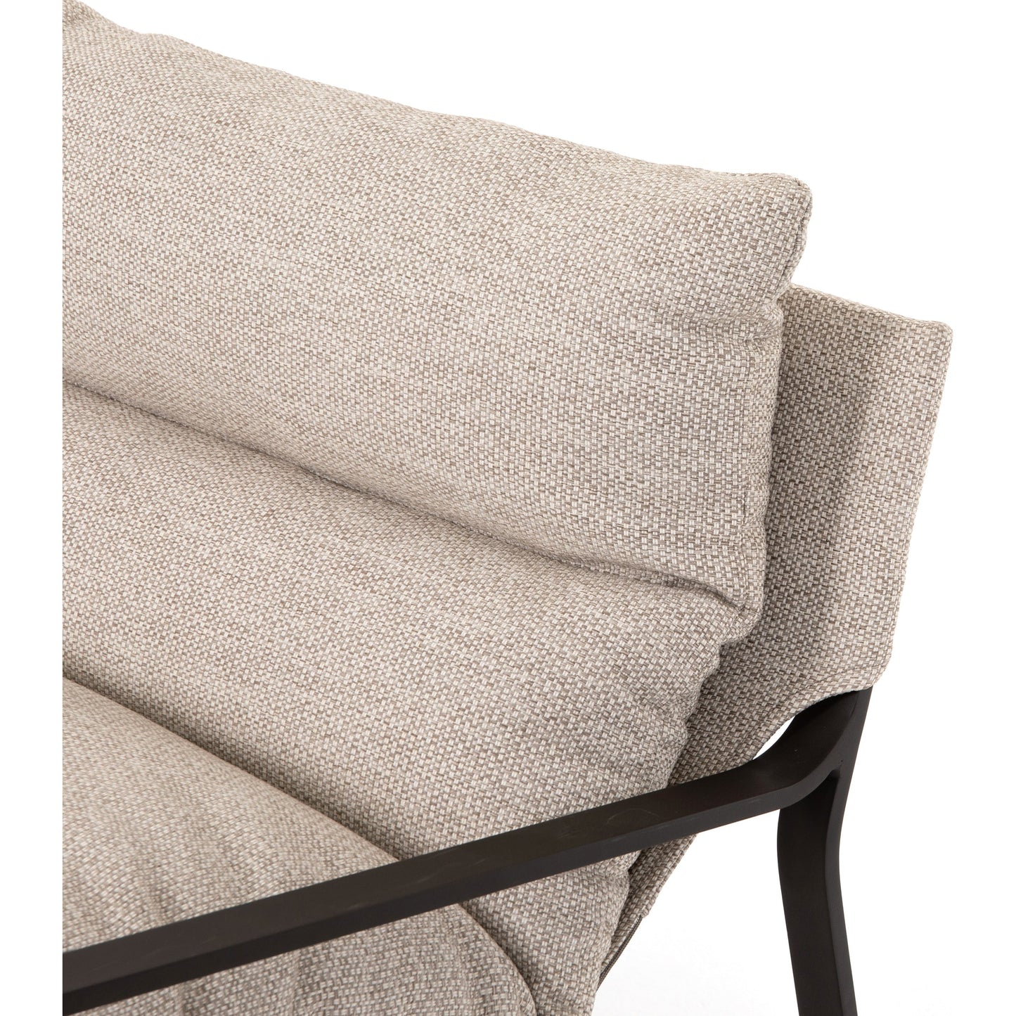 018 SI-1902072 | Closeup | Avon Outdoor Sling Chair by Four Hands in faye sand, bronze. Made from 100% olefin, aluminum, 59% polyurethane foam, 30% polyester fiber, 11% polyester fiber batting in a modern style.
