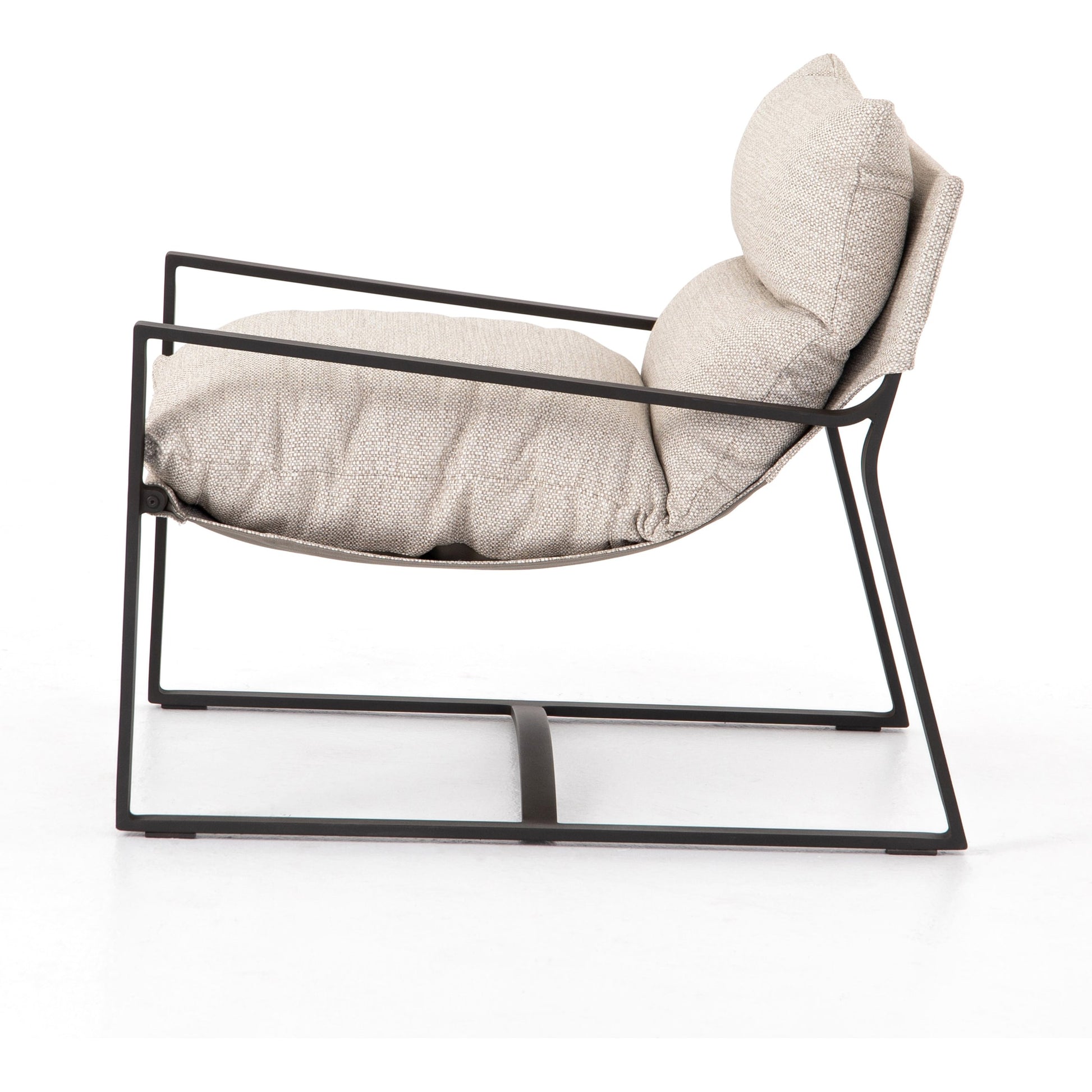 Avon Outdoor Sling Chair by Four Hands in faye sand, bronze. Made from 100% olefin, aluminum, 59% polyurethane foam, 30% polyester fiber, 11% polyester fiber batting in a modern style.
