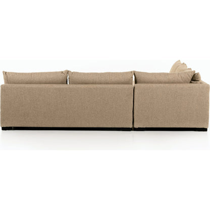 Grant 3-PC Sectional by Four Hands in ashby oatmeal and espresso. Made from 72% polyester, 18% pre-combed cotton, 10% cotton, solid banak, solid pine in a modern style.