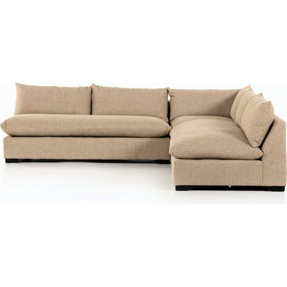 Grant 3-PC Sectional by Four Hands in ashby oatmeal and espresso. Made from 72% polyester, 18% pre-combed cotton, 10% cotton, solid banak, solid pine in a modern style.