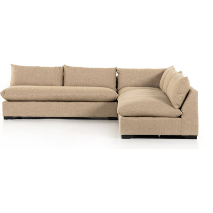 Grant 3-PC Sectional by Four Hands in ashby oatmeal and espresso. Made from 72% polyester, 18% pre-combed cotton, 10% cotton, solid banak, solid pine in a modern style.