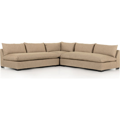 Grant 3-PC Sectional by Four Hands in ashby oatmeal and espresso. Made from 72% polyester, 18% pre-combed cotton, 10% cotton, solid banak, solid pine in a modern style.