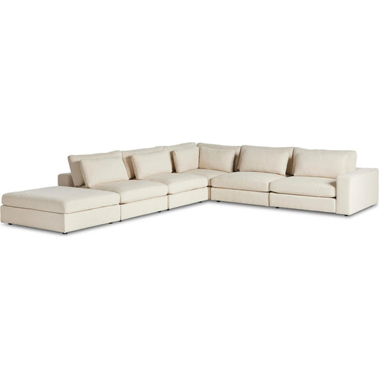 Bloor 5 Piece Sectional with Ottoman by Four Hands in essence natural. Made from 49% viscose (rayon), 22% flax, linen, 18% polyester, 11% cotton, solid pine, 50% fiber, 50% down in a modern style.