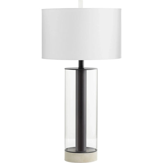 Messier Table Lamp by Cyan Design in gunmetal. Made from iron - glass - marble with off white linen shade in a modern style.