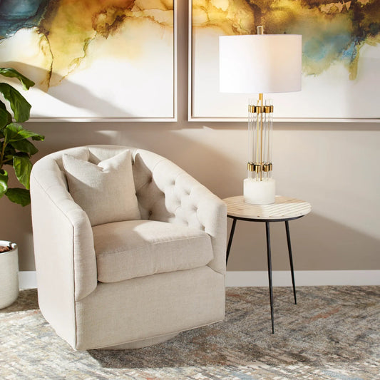Kerberos Table Lamp by Cyan Design in brass. Made from glass, marble with off white linen shade in a transitional style.