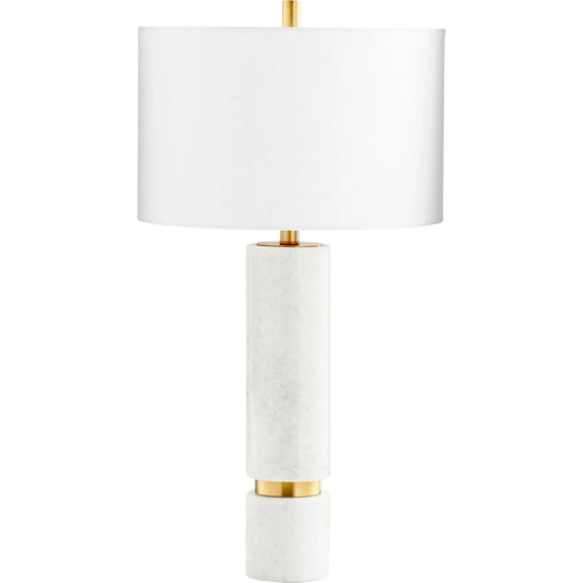 Archer Table Lamp by Cyan Design in brass. Made from iron, marble with off white linen shade in a transitional style.