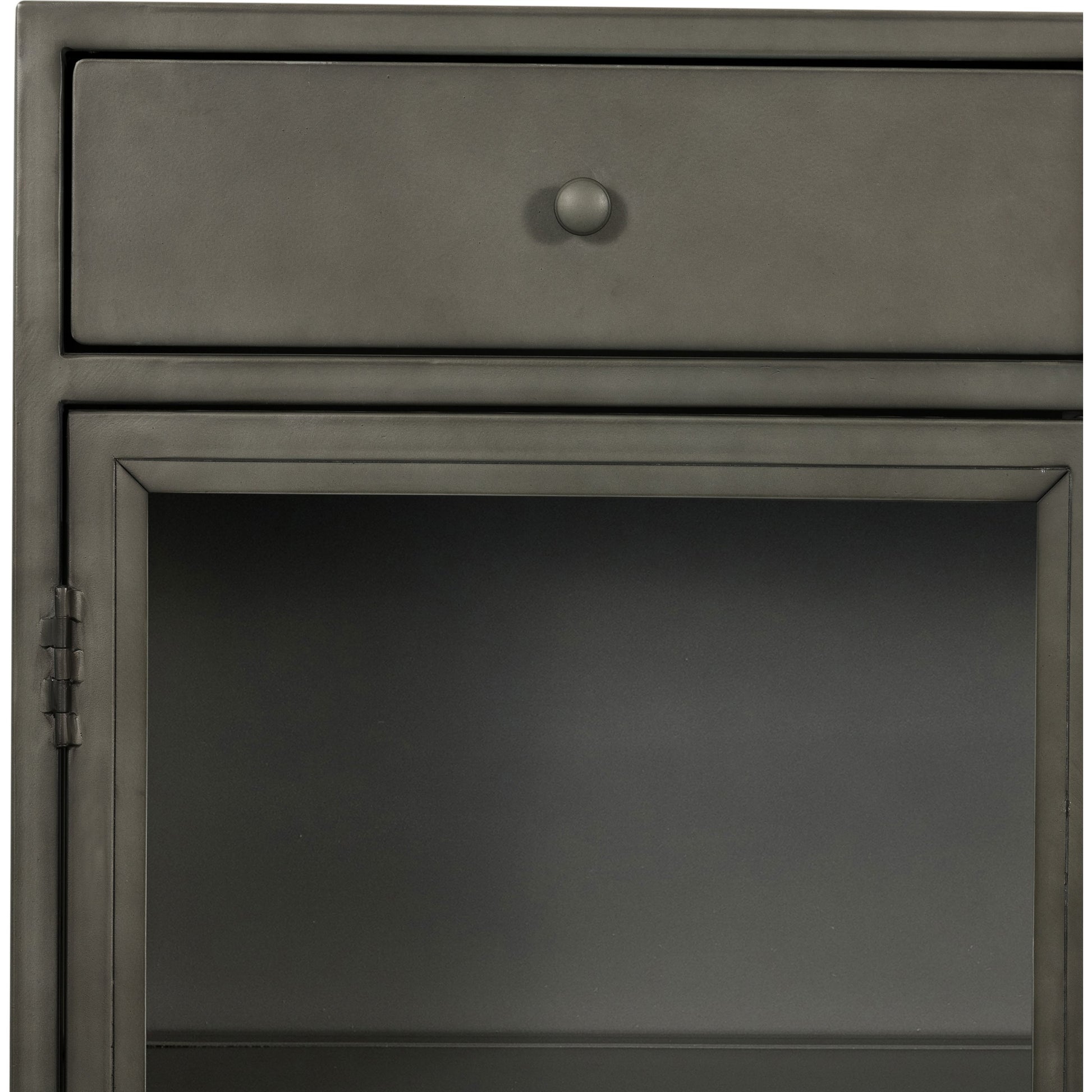 Shadow Box Small Cabinet by Four Hands in black, weathered bronze. Made from iron in a modern style.