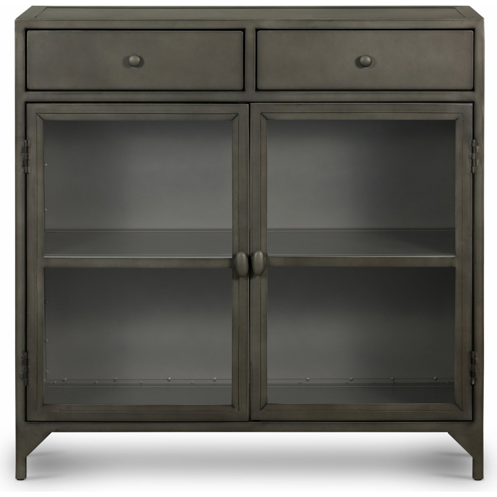 Shadow Box Small Cabinet by Four Hands in black, weathered bronze. Made from iron in a modern style.