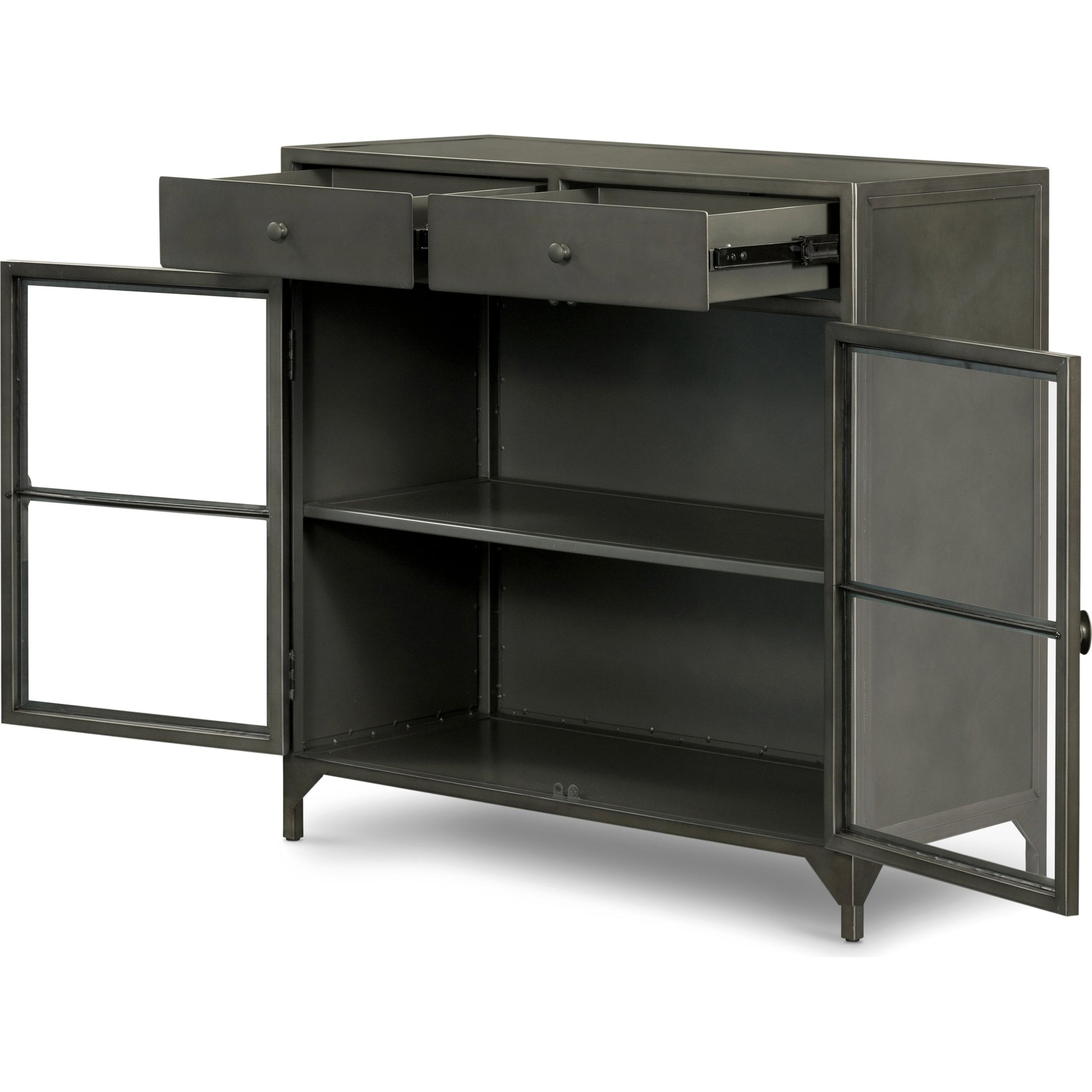 Shadow Box Small Cabinet by Four Hands in black, weathered bronze. Made from iron in a modern style.