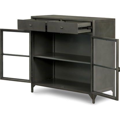 Shadow Box Small Cabinet by Four Hands in black, weathered bronze. Made from iron in a modern style.