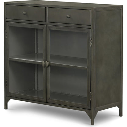 Shadow Box Small Cabinet by Four Hands in black, weathered bronze. Made from iron in a modern style.
