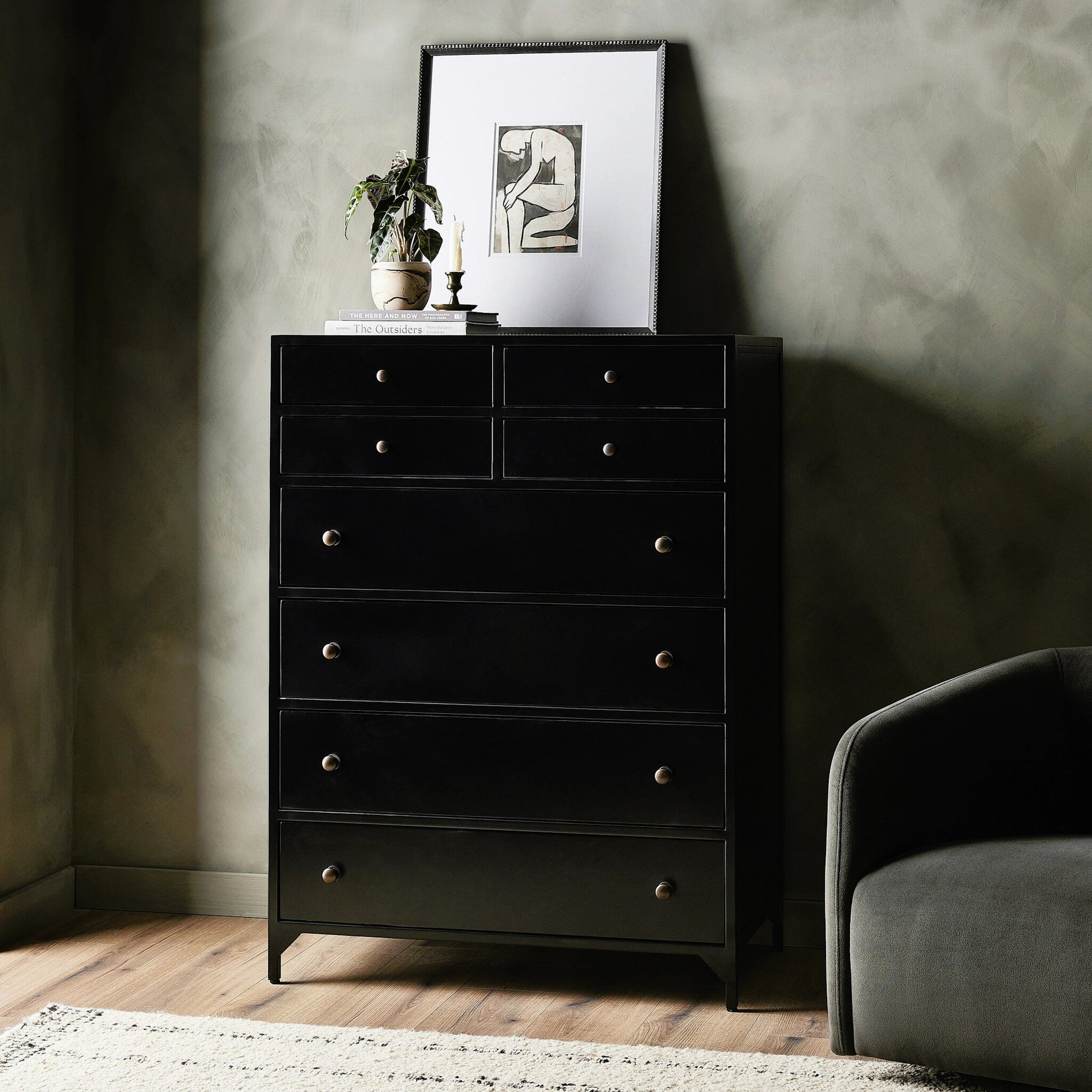 Belmont Tall Dresser by Four Hands in black. Made from iron in a transitional style.