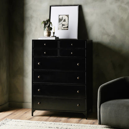 Belmont Tall Dresser by Four Hands in black. Made from iron in a transitional style.