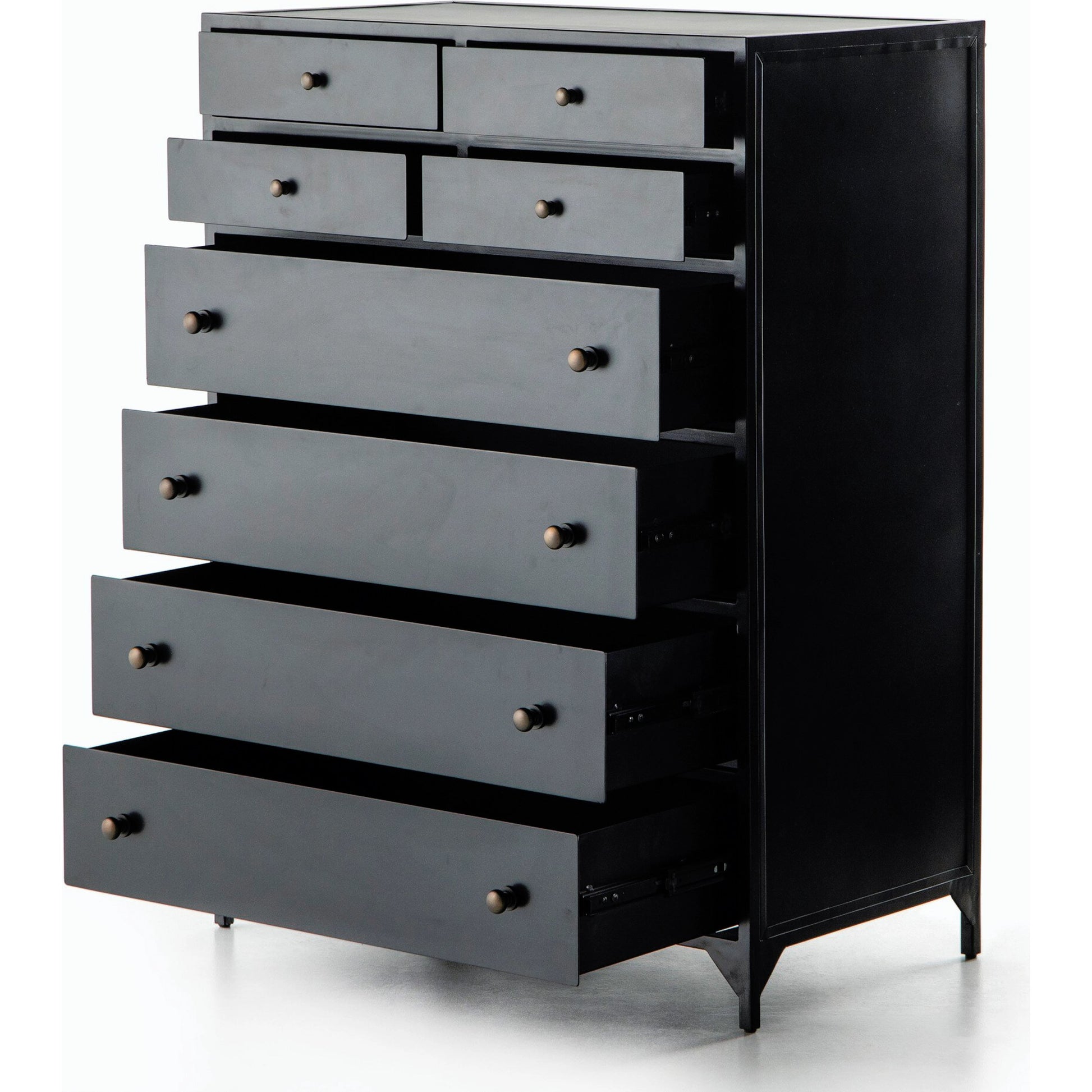 Belmont Tall Dresser by Four Hands in black. Made from iron in a transitional style.