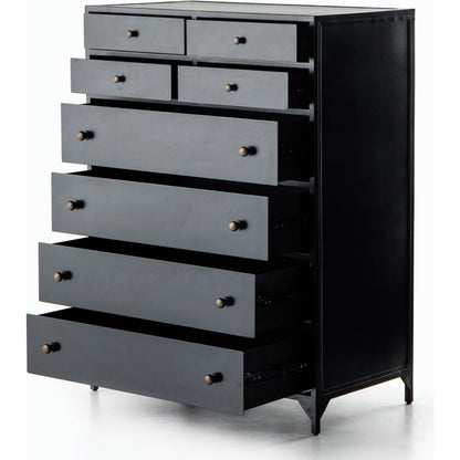 Belmont Tall Dresser by Four Hands in black. Made from iron in a transitional style.